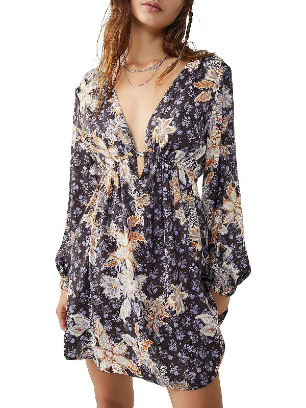 Womens Plunging Floral Mini Dress