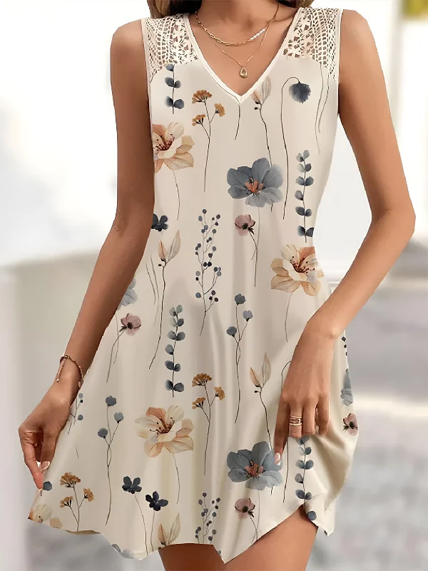 Discount Deals comfy maxi dressPrinted V-Neck Sleeveless Mini Dress