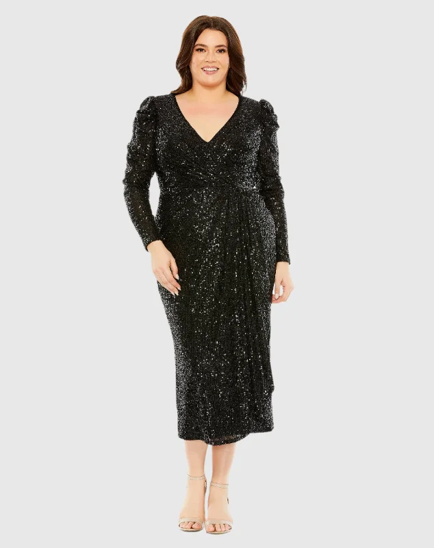 Black Princess Long Sleeve V Neck Sequin Dress