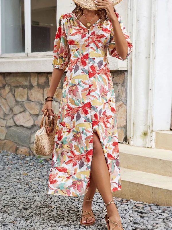 Deal Zone spaghetti strap dressPrinted V-Neck Half Sleeve Midi Dress