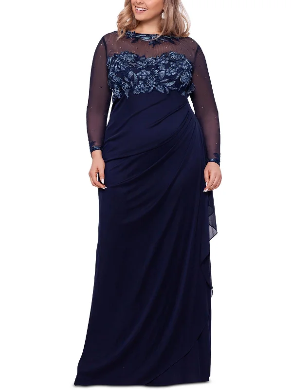 Plus Womens Mesh Embroidered Evening Dress