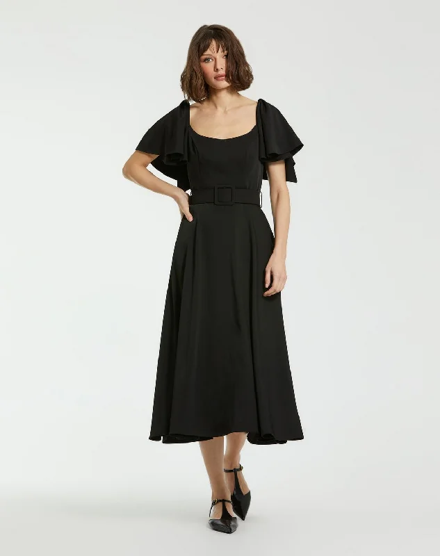 Exclusive Deal statement dressMac Duggal 20977 Ruffle Sleeve Tea Length Formal Dress