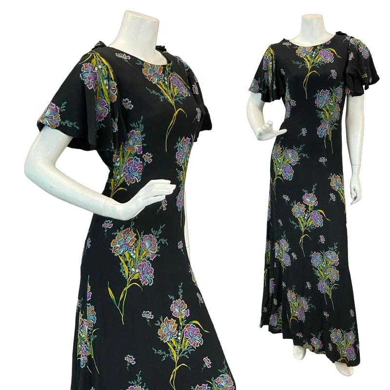 Inventory Reduction VTG 60s 70s BLACK MULTICOLOUR FLORAL BUTTERFLY SLEEVE MAXI DRESS 8 Inventory Reduction VTG 60s 70s BLACK MULTICOLOUR FLORAL BUTTERFLY SLEEVE MAXI DRESS 8