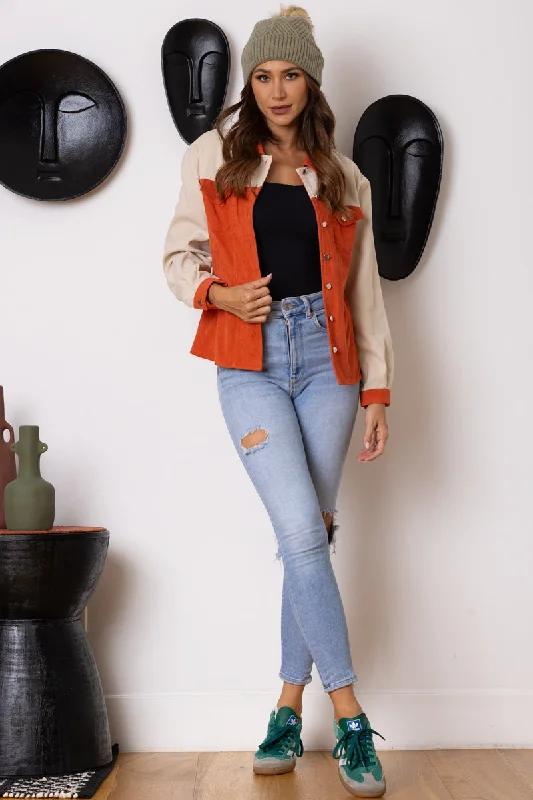Final Clearance oversized trench coatORANGE/BEIGE COLOR BLOCK CORDUROY LONG SLEEVES JACKET-B51570W