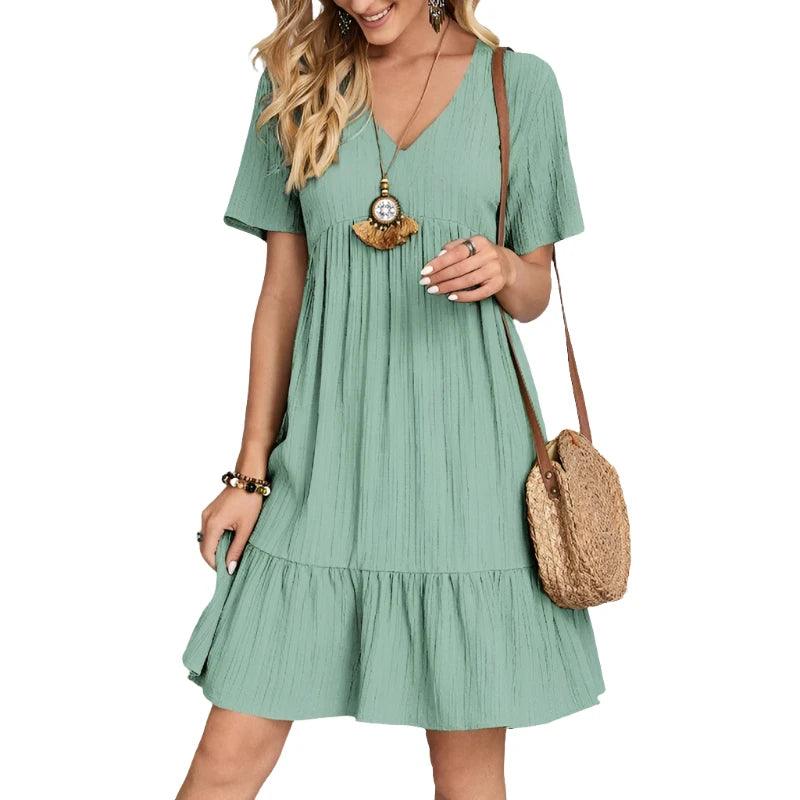 V Neck Ruffles A-line Dress Female Elegant Dresses