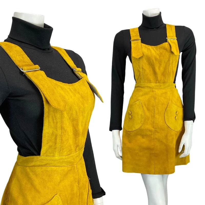 YEAR-End Clearance VINTAGE 60s 70s MUSTARD YELLOW SUEDE PINAFORE APRON BOHO MOD DRESS 6