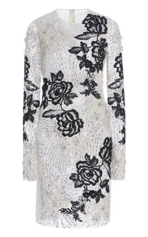 Sneak Peek Sale v-neck dressBeaded Contrast Floral Long Sleeve Dress