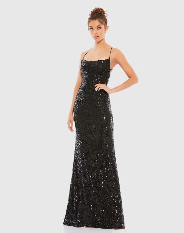 Black Stretch Sequin Lace Up Back Evening Gown