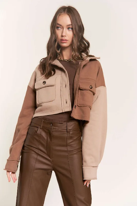Great Deals cozy winter coatBROWN  COLLARED LONG SLEEVES CROP JACKET SNJK8862P