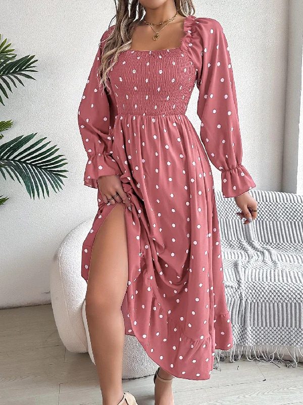Great Deals modern dressPolka Dot Flounce Sleeve Midi Dress