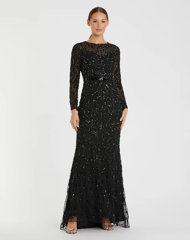 Black Beaded Long Sleeve Evening Gown