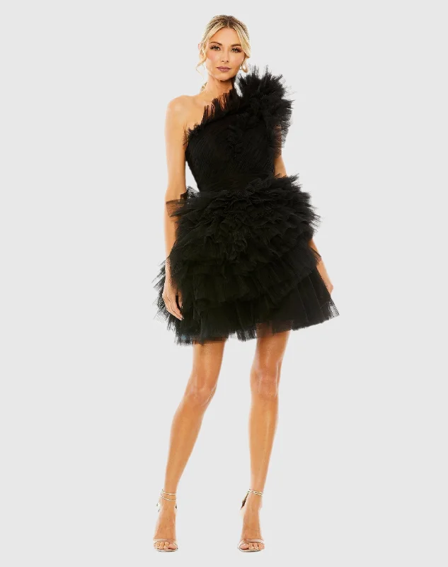 Black Tulle Ruffle One Shoulder Mini Dress