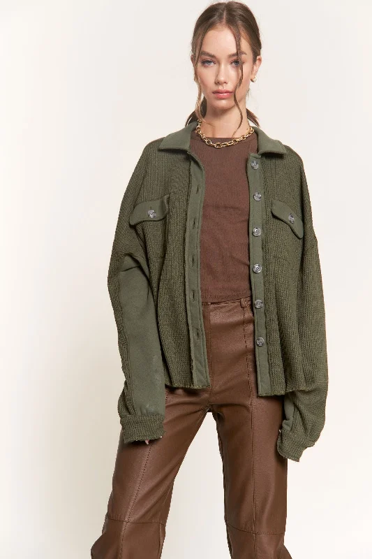 Special Discount sleek and warm coatOLIVE COLLARED RIBBED KNIT LONG SLEEVES JACKET T8293
