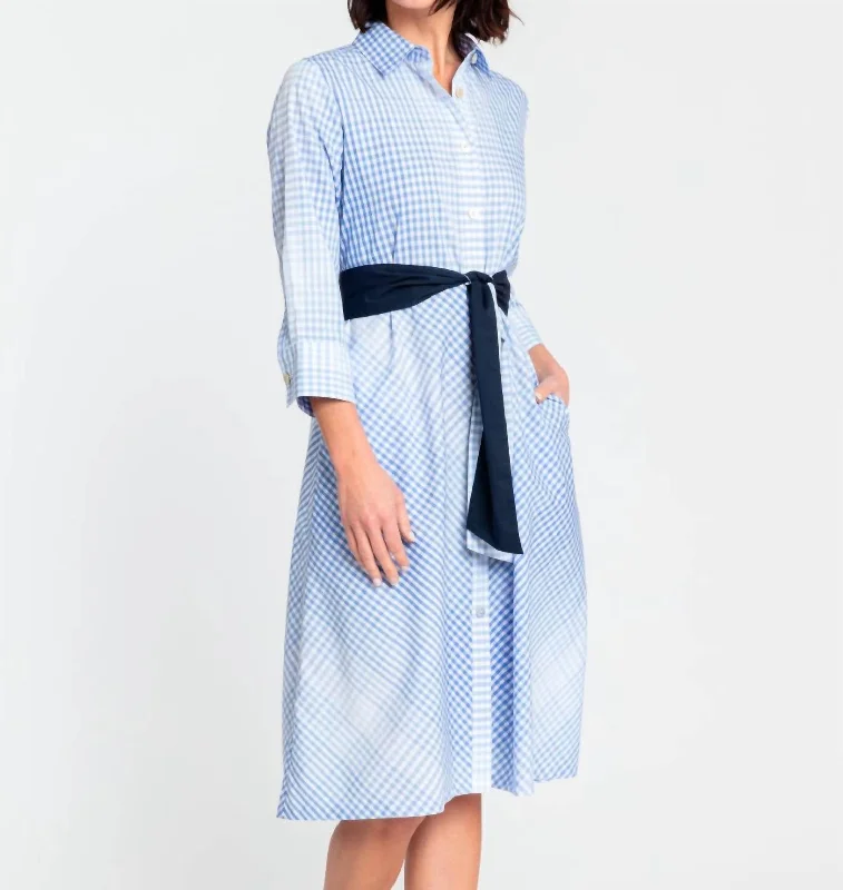 Seasonal Sale long sleeve dressRiley 3/4 Sleeve Ombre Gingham Dress In Sky Blue/white