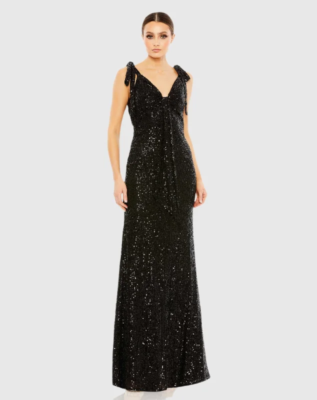 Black Sequined Low Back Bow Shoulder Gown