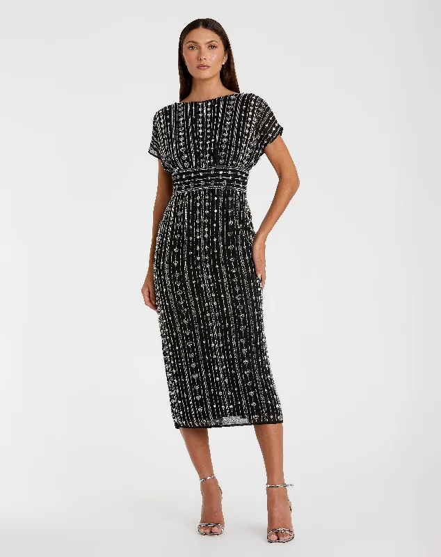 Black Beaded Cap Sleeve Column Midi Dress