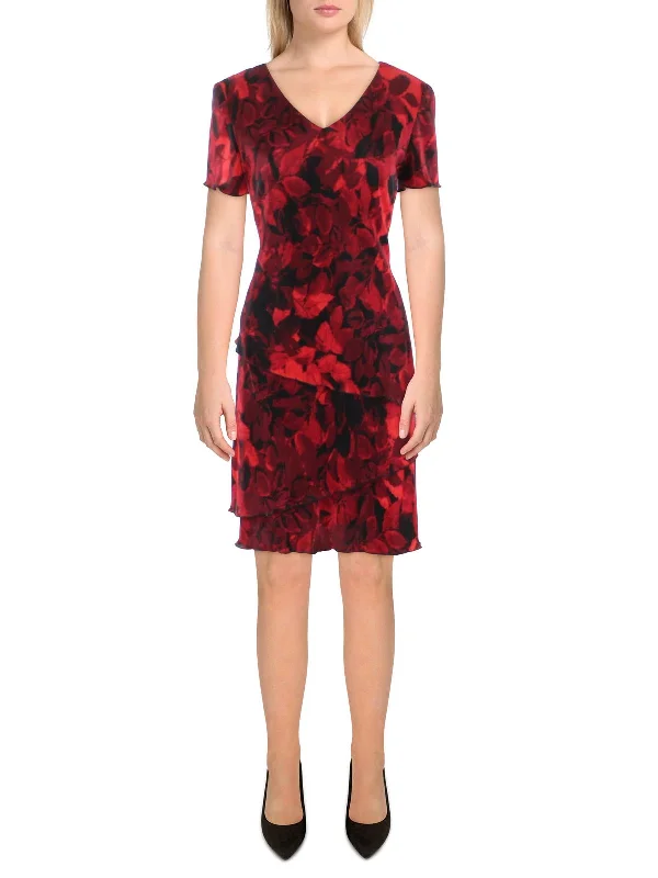 Petites Womens Crepe Floral Print Fit & Flare Dress