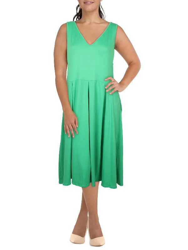 Plus Womens V-Neck Sleeveless Midi Dress