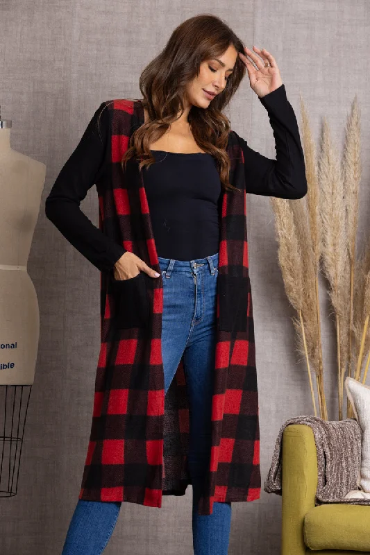 One-DAY Sale trendy bomber coatRED OPEN FRONT PATCH POCKET LONG CARDIGAN SG21022