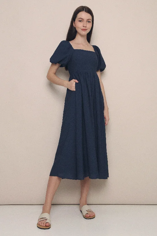 New Deals Gabby Poof Sleeves Midaxi Dress Navy