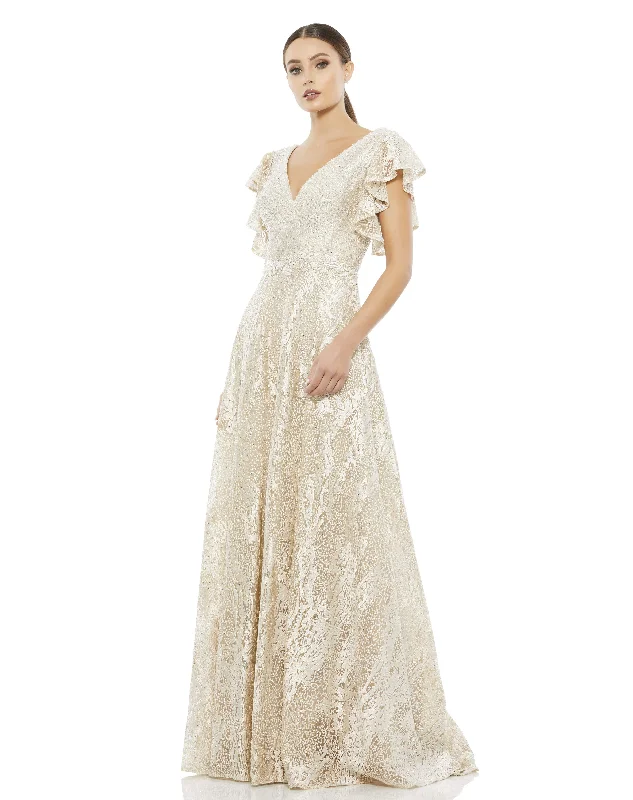 Blowout Sale sleek midi dressEmbroidered Flutter Sleeve V-Neck Gown