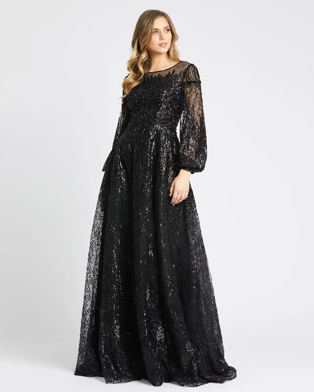 Black Jewel Encrusted Illusion Long Sleeve A Line Gown