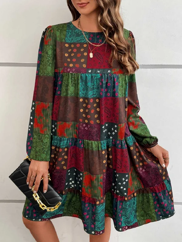 Deal Dash wool dressPatchwork Round Neck Long Sleeve Dress