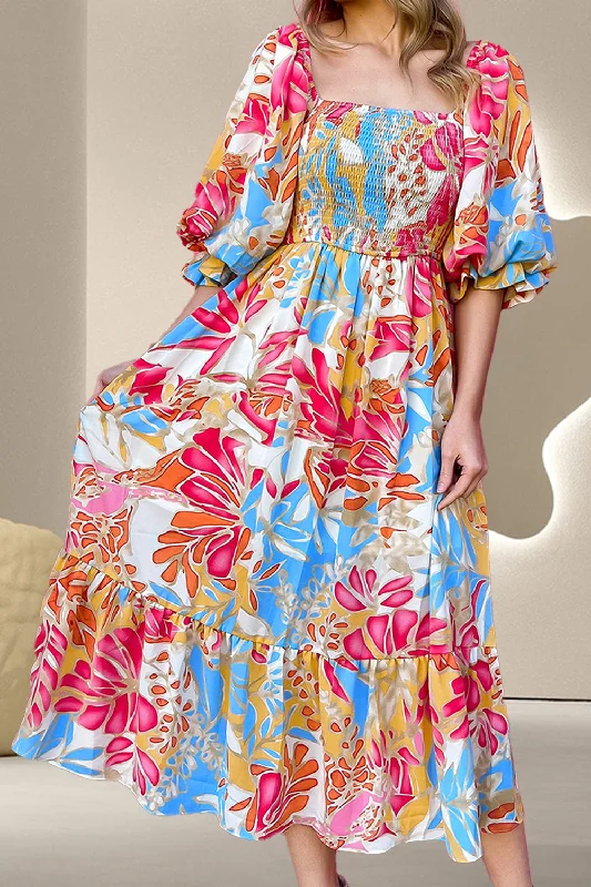 Great Bargains bodycon dressSmocked Printed Half Sleeve Midi Dress