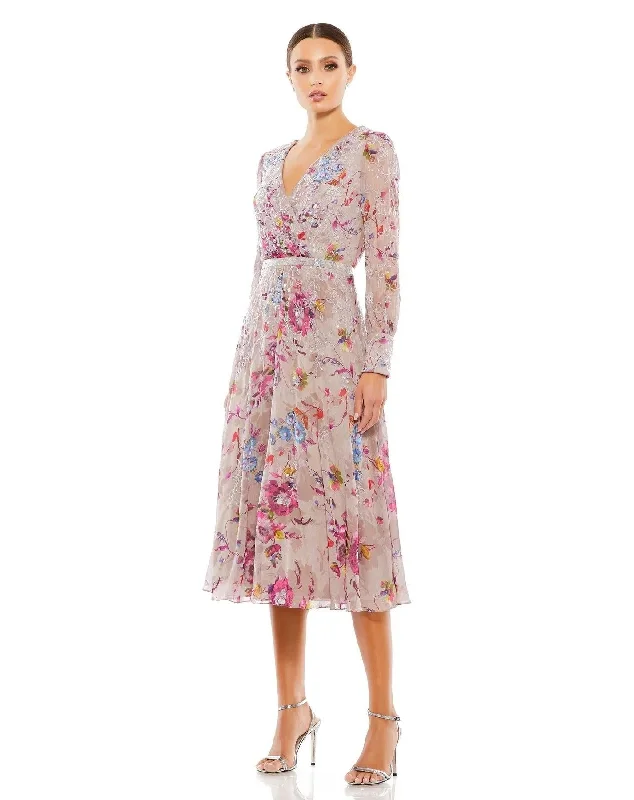 Epic Deals satin midi dressMac Duggal 9147 Long Sleeve Floral Print Midi Dress