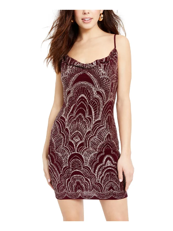 Midnight Madness JUMP Womens Burgundy Glitter Patterned Spaghetti Strap V Neck Mini Evening Body Con Dress