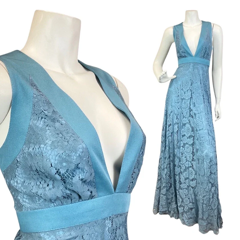 Discount Deals VINTAGE 60s 70s BLUE FLORAL LACE PLUNGING V-NECK SLEEVELESS MAXI DRESS GOWN 10 Discount Deals VINTAGE 60s 70s BLUE FLORAL LACE PLUNGING V-NECK SLEEVELESS MAXI DRESS GOWN 10