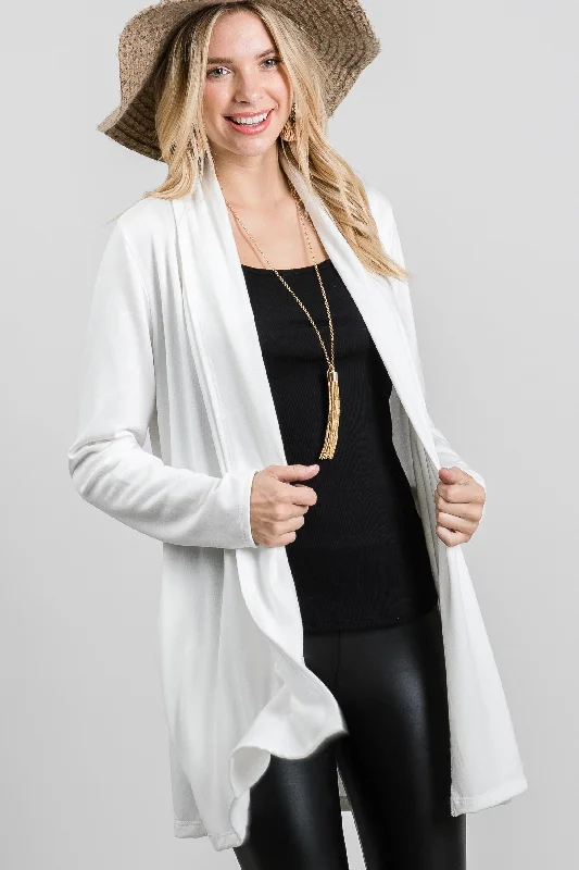 Flash Deals comfortable outerwearWHITE FRENCH TERRY OPEN NECK LONG SLEEVES KNIT LONG CARDIGAN SO3420T