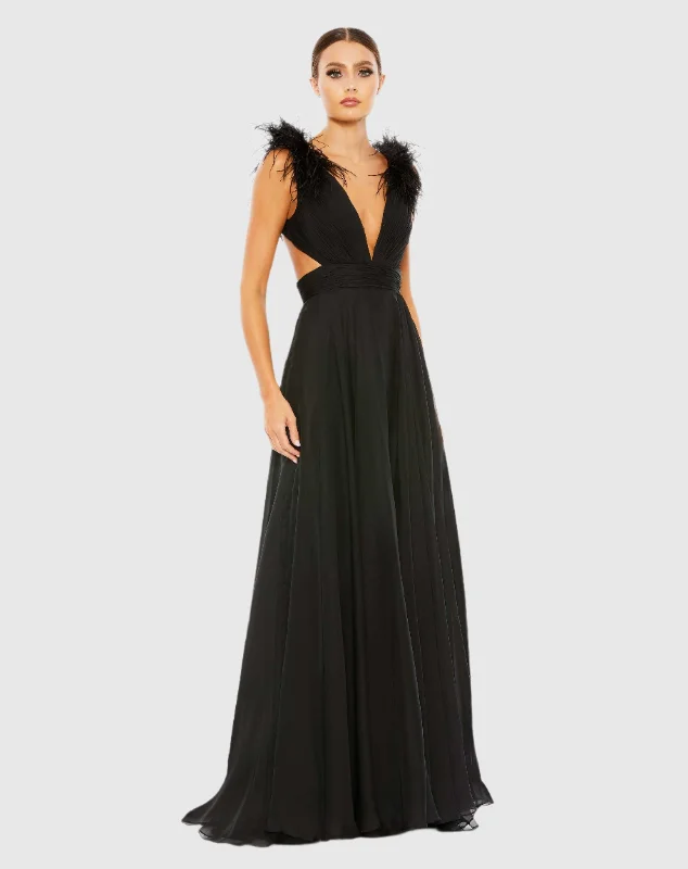 Black Plunge Ostrich Feather A Line Gown