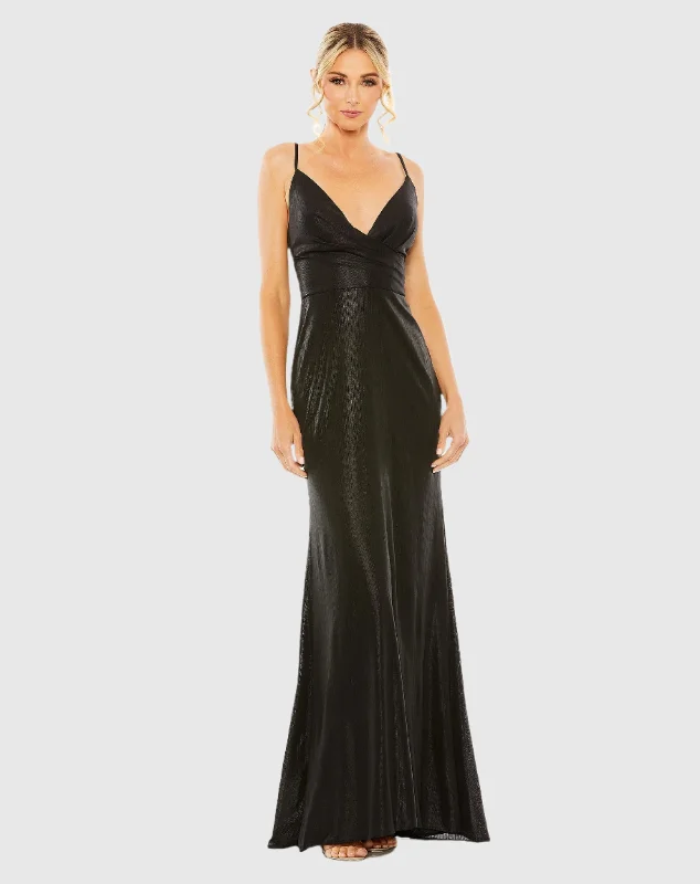 Black Metallic Faux Wrap Spaghetti Strap Gown