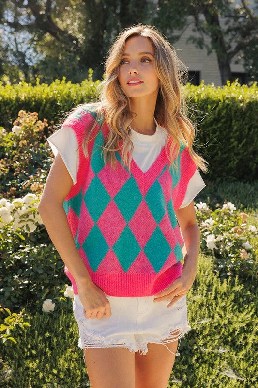 While Supplies Last high-quality coatPINK ARGYLE PRINT SLEEVELESS SWEATER VEST TIS12307
