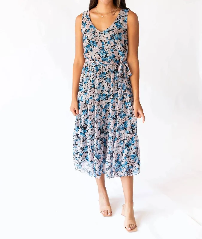 Alora Tiered Dress In Blue Floral Print