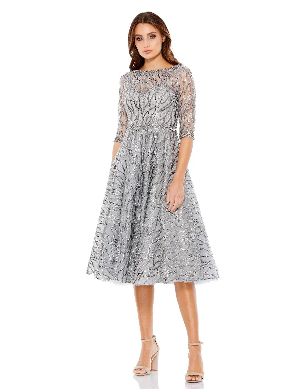 Members Only chic dressHigh Neck Above Elbow Sleeve Embellished A Line Dress