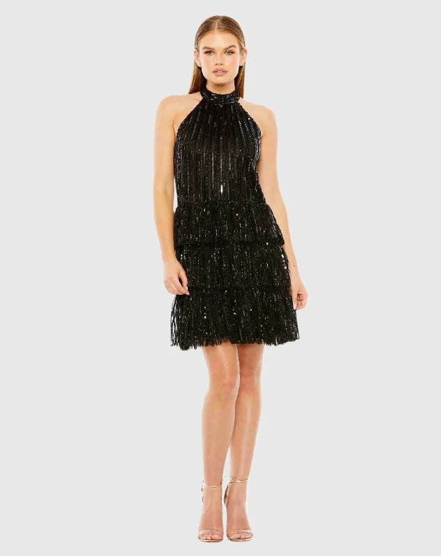 High Neck A-Line Ruffle Sequin Mini Dress