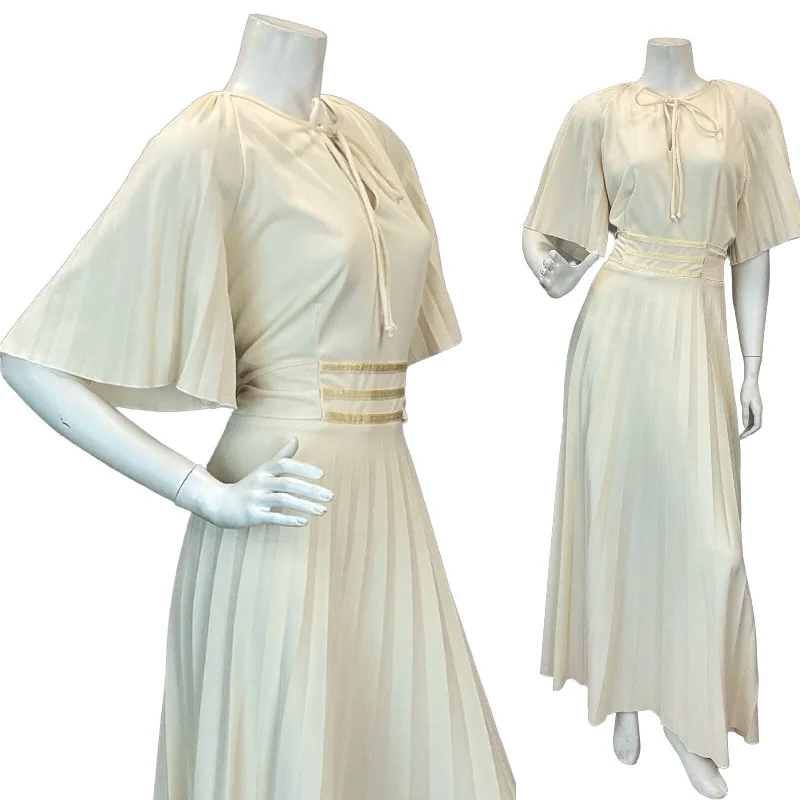 Final Clearance VTG 70s CREAM BOHO WEDDING BRIDAL ANGEL SLEEVE PLEATED MAXI DRESS 14 16 Final Clearance VTG 70s CREAM BOHO WEDDING BRIDAL ANGEL SLEEVE PLEATED MAXI DRESS 14 16