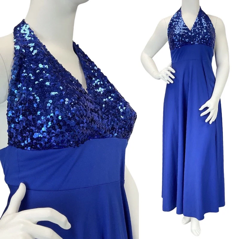 Clearance Sale VINTAGE 60s 70s ROYAL BLUE SEQUIN HALTER DISCO STUDIO 54 MAXI DRESS 10 12
