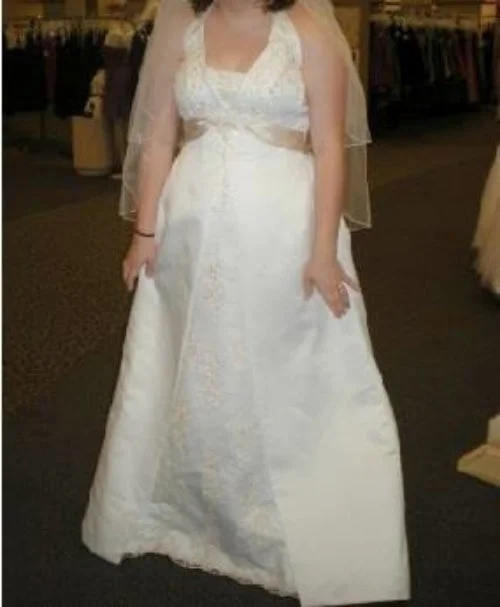 While Supplies Last David's Bridal Satin A-line Halter with Split Front
