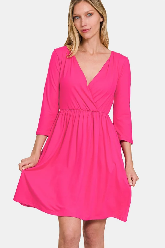 Great Deals chic shift dressZenana Three-Quarter Sleeve Surplice Dress with Pockets