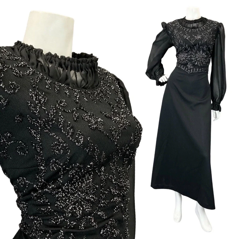 Value Deals VINTAGE 60s 70s BLACK SILVER EMBROIDERED FLORAL EVENING GOWN MAXI DRESS 12 Value Deals VINTAGE 60s 70s BLACK SILVER EMBROIDERED FLORAL EVENING GOWN MAXI DRESS 12