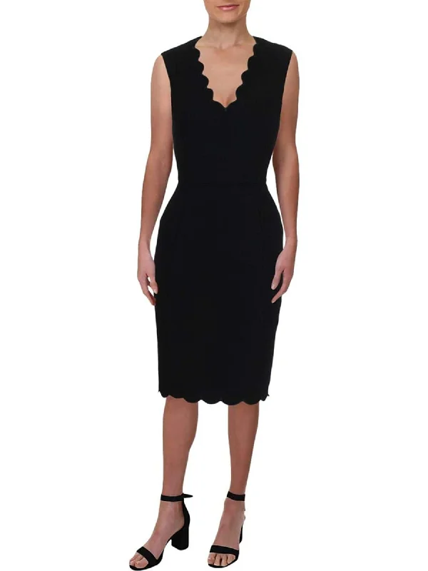 Don't Wait FRENCH CONNECTION Womens Black Stretch Zippered Scalloped Detail Sleeveless V Neck Knee Length Wear To Work Sheath Dress