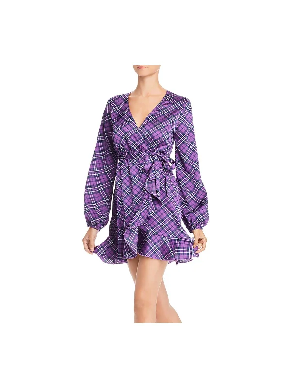 Act Now AQUA Womens Tie Plaid Long Sleeve V Neck Short Wrap Dress