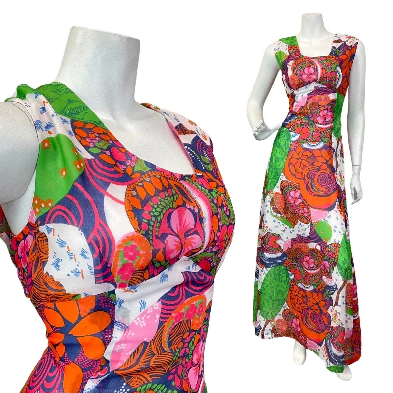 Daily Deals VTG 60s 70s ORANGE BLUE WHITE PSYCHEDELIC FLORAL LEAFY SLEEVELESS MAXI DRESS 12
