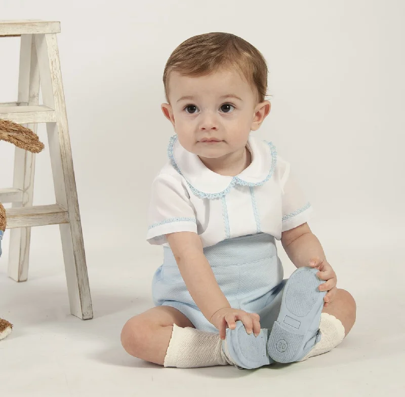 Deep Discounts puff sleeve dressBoys Blue Pique Romper