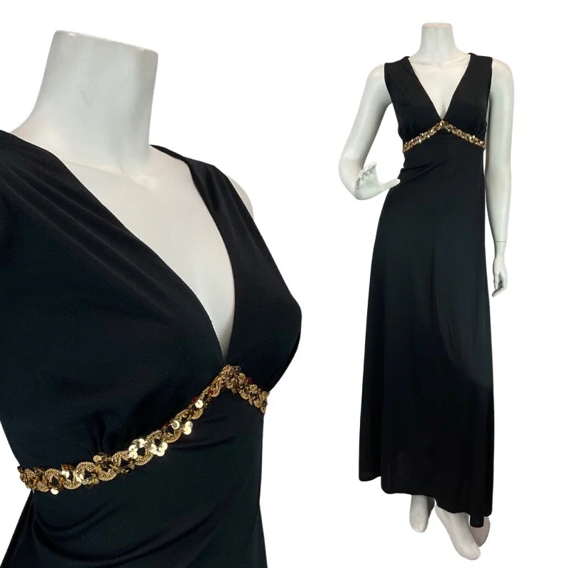 Fantastic Deals VINTAGE 60s 70s BLACK GOLD SEQUIN GLAM SLEEVELESS EVENING GOWN MAXI DRESS 10 Fantastic Deals VINTAGE 60s 70s BLACK GOLD SEQUIN GLAM SLEEVELESS EVENING GOWN MAXI DRESS 10