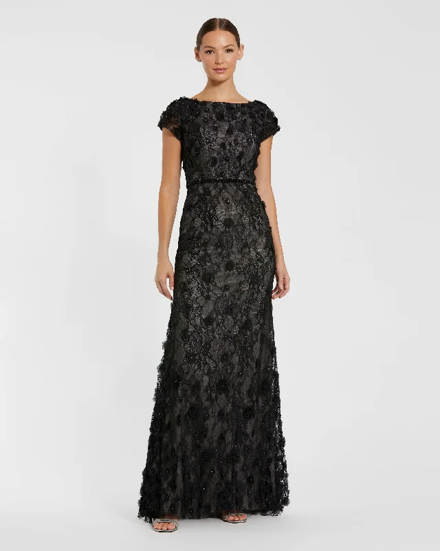 Black Floral Applique Boat Neck Short Sleeve Gown