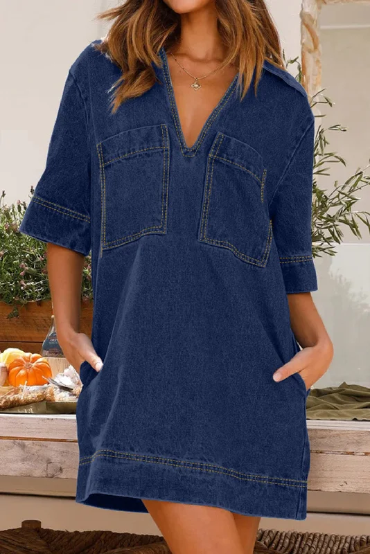 Sail Blue Soft Denim Lapel Mid Sleeve Loose Denim Dress